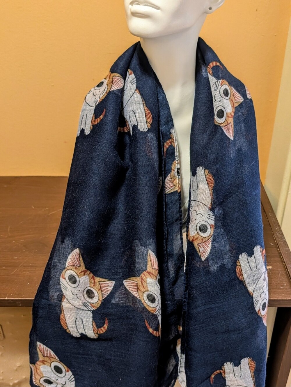 Navy Scarf with Cute Cat Print